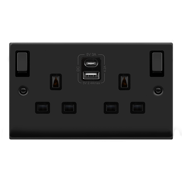 Matt Black - Black Inserts Matt Black 2 Gang 13A DP Ingot Type A & C USB Twin Double Switched Plug Socket - Black Trim