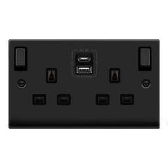 Matt Black - Black Inserts Matt Black 2 Gang 13A DP Ingot Type A & C USB Twin Double Switched Plug Socket - Black Trim