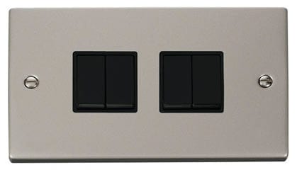 Pearl Nickel - Black Inserts Pearl Nickel 10A 4 Gang 2 Way Light Switch - Black Trim