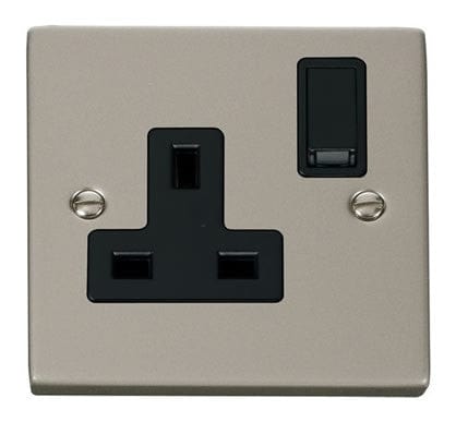 Pearl Nickel - Black Inserts Pearl Nickel 1 Gang 13A DP Switched Plug Socket - Black Trim