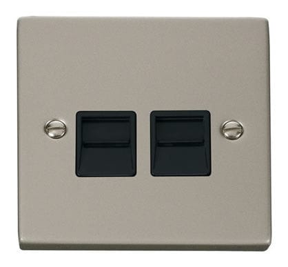 Pearl Nickel - Black Inserts Pearl Nickel Master Telephone Twin Socket - Black Trim