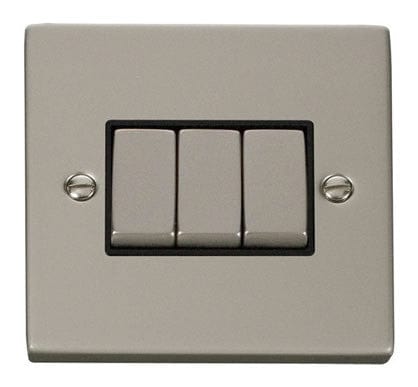 Pearl Nickel - Black Inserts Pearl Nickel 10A 3 Gang 2 Way Ingot Light Switch - Black Trim