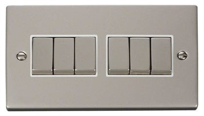 Pearl Nickel - White Inserts Pearl Nickel 10A 6 Gang 2 Way Ingot Light Switch - White Trim