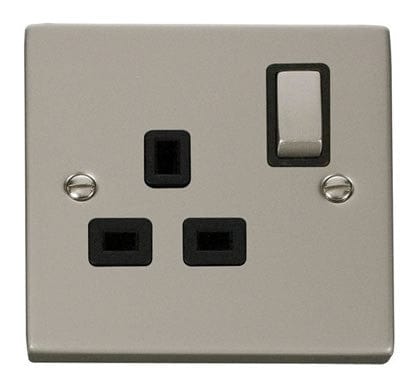 Pearl Nickel - Black Inserts Pearl Nickel 1 Gang 13A DP Ingot Switched Plug Socket - Black Trim