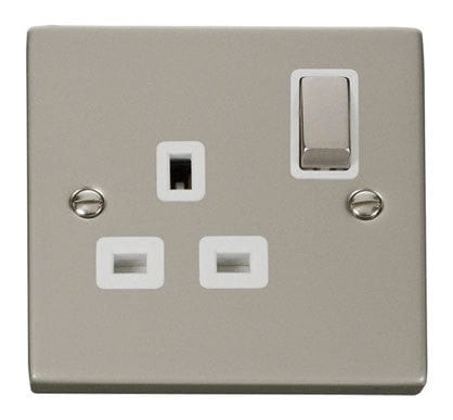 Pearl Nickel - White Inserts Pearl Nickel 1 Gang 13A DP Ingot Switched Plug Socket - White Trim