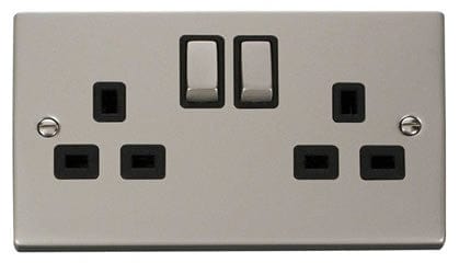 Pearl Nickel - Black Inserts Pearl Nickel 2 Gang 13A DP Ingot Twin Double Switched Plug Socket - Black Trim