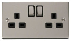 Pearl Nickel - Black Inserts Pearl Nickel 2 Gang 13A DP Ingot Twin Double Switched Plug Socket - Black Trim