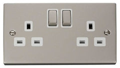 Pearl Nickel - White Inserts Pearl Nickel 2 Gang 13A DP Ingot Twin Double Switched Plug Socket - White Trim