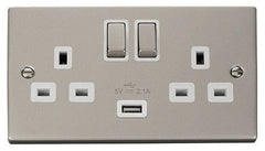 Pearl Nickel - White Inserts Pearl Nickel 2 Gang 13A DP Ingot 1 USB Twin Double Switched Plug Socket - White Trim