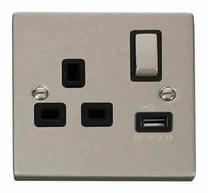 Pearl Nickel - Black Inserts Pearl Nickel 1 Gang 13A DP Ingot 1 USB Switched Plug Socket - Black Trim