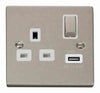 Pearl Nickel - White Inserts Pearl Nickel 1 Gang 13A DP Ingot 1 USB Switched Plug Socket - White Trim