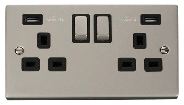 Pearl Nickel - Black Inserts Pearl Nickel 2 Gang 13A DP Ingot 2 USB Twin Double Switched Plug Socket - Black Trim