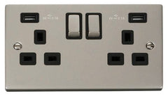 Pearl Nickel - Black Inserts Pearl Nickel 2 Gang 13A DP Ingot 2 USB Twin Double Switched Plug Socket - Black Trim