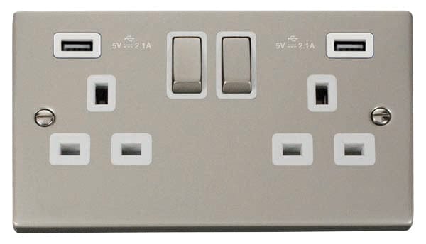 Pearl Nickel - White Inserts Pearl Nickel 2 Gang 13A DP Ingot 2 USB Twin Double Switched Plug Socket - White Trim