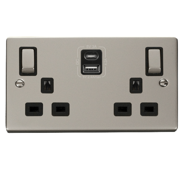 Pearl Nickel 2 Gang 13A DP Ingot Type A & C USB Twin Double Switched Plug Socket - Black Trim