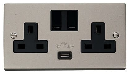 Pearl Nickel - Black Inserts Pearl Nickel 2 Gang 13A 1 USB Twin Double Switched Plug Socket - Black Trim