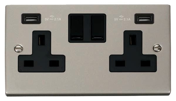 Pearl Nickel - Black Inserts Pearl Nickel 2 Gang 13A 2 USB Twin Double Switched Plug Socket - Black Trim