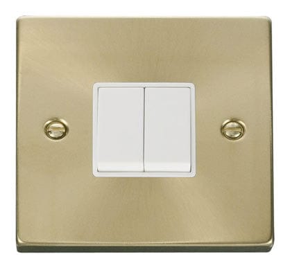 Satin Brass - White Inserts Satin Brass 10A 2 Gang 2 Way Light Switch - White Trim