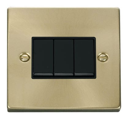 Satin Brass - Black Inserts Satin Brass 10A 3 Gang 2 Way Light Switch - Black Trim