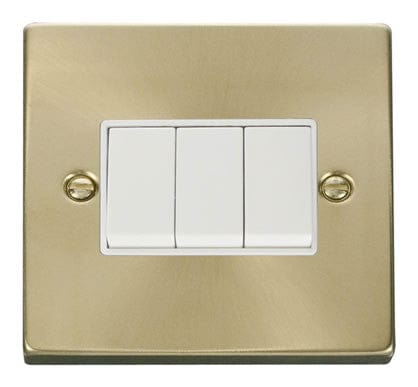 Satin Brass - White Inserts Satin Brass 10A 3 Gang 2 Way Light Switch - White Trim