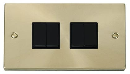 Satin Brass - Black Inserts Satin Brass 10A 4 Gang 2 Way Light Switch - Black Trim