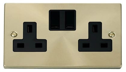 Satin Brass - Black Inserts Satin Brass 2 Gang 13A Twin Double Switched Plug Socket - Black Trim