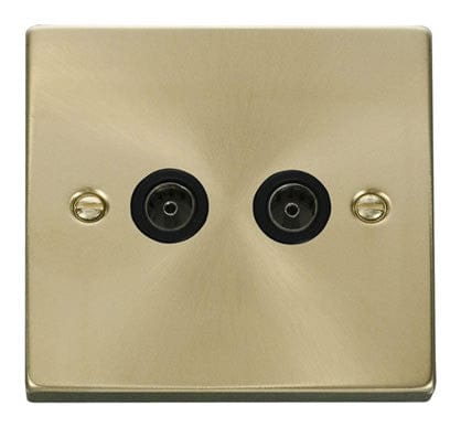 Satin Brass - Black Inserts Satin Brass 2 Gang Twin Coaxial TV Socket - Black Trim