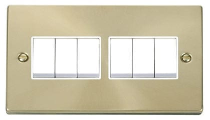 Satin Brass - White Inserts Satin Brass 10A 6 Gang 2 Way Light Switch - White Trim