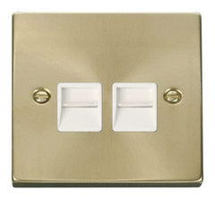 Satin Brass - White Inserts Satin Brass Master Telephone Twin Socket - White Trim