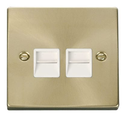 Satin Brass - White Inserts Satin Brass Secondary Telephone Twin Socket - White Trim