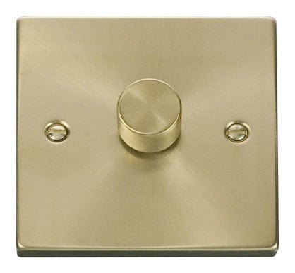 Satin Brass - Black Inserts Satin Brass 1 Gang 2 Way LED 100W Trailing Edge Dimmer Light Switch