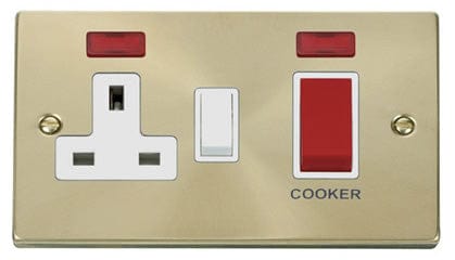 Satin Brass - White Inserts Satin Brass Cooker Control 45A With 13A Switched Plug Socket & 2 Neons - White Trim