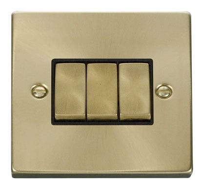 Satin Brass - Black Inserts Satin Brass 10A 3 Gang 2 Way Ingot Light Switch - Black Trim