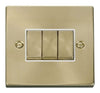 Satin Brass - White Inserts Satin Brass 10A 3 Gang 2 Way Ingot Light Switch - White Trim