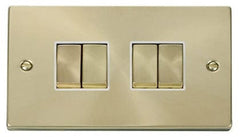 Satin Brass - White Inserts Satin Brass 10A 4 Gang 2 Way Ingot Light Switch - White Trim