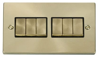 Satin Brass - Black Inserts Satin Brass 10A 6 Gang 2 Way Ingot Light Switch - Black Trim