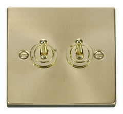 Satin Brass - White Inserts Satin Brass 2 Gang 2 Way 10AX Toggle Light Switch