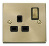 Satin Brass - Black Inserts Satin Brass 1 Gang 13A DP Ingot Switched Plug Socket - Black Trim