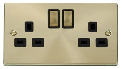 Satin Brass - Black Inserts Satin Brass 2 Gang 13A DP Ingot Twin Double Switched Plug Socket - Black Trim