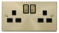 Satin Brass - Black Inserts Satin Brass 2 Gang 13A DP Ingot Twin Double Switched Plug Socket - Black Trim