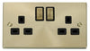 Satin Brass - Black Inserts Satin Brass 2 Gang 13A DP Ingot Twin Double Switched Plug Socket - Black Trim