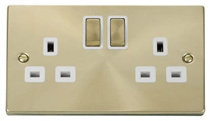 Satin Brass - White Inserts Satin Brass 2 Gang 13A DP Ingot Twin Double Switched Plug Socket - White Trim