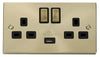 Satin Brass - Black Inserts Satin Brass 2 Gang 13A DP Ingot 1 USB Twin Double Switched Plug Socket - Black Trim