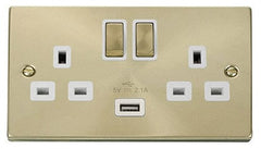 Satin Brass - White Inserts Satin Brass 2 Gang 13A DP Ingot 1 USB Twin Double Switched Plug Socket - White Trim