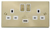 Satin Brass - White Inserts Satin Brass 2 Gang 13A DP Ingot 1 USB Twin Double Switched Plug Socket - White Trim