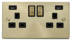 Satin Brass - Black Inserts Satin Brass 2 Gang 13A DP Ingot 2 USB Twin Double Switched Plug Socket - Black Trim