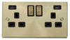 Satin Brass - Black Inserts Satin Brass 2 Gang 13A DP Ingot 2 USB Twin Double Switched Plug Socket - Black Trim