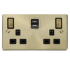 Satin Brass 2 Gang 13A DP Ingot Type A & C USB Twin Double Switched Plug Socket - Black Trim