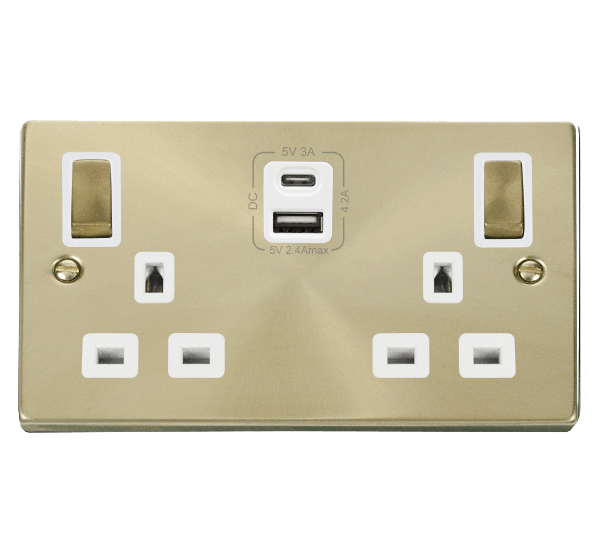 Satin Brass 2 Gang 13A DP Ingot Type A & C USB Twin Double Switched Plug Socket - White Trim