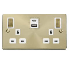 Satin Brass 2 Gang 13A DP Ingot Type A & C USB Twin Double Switched Plug Socket - White Trim